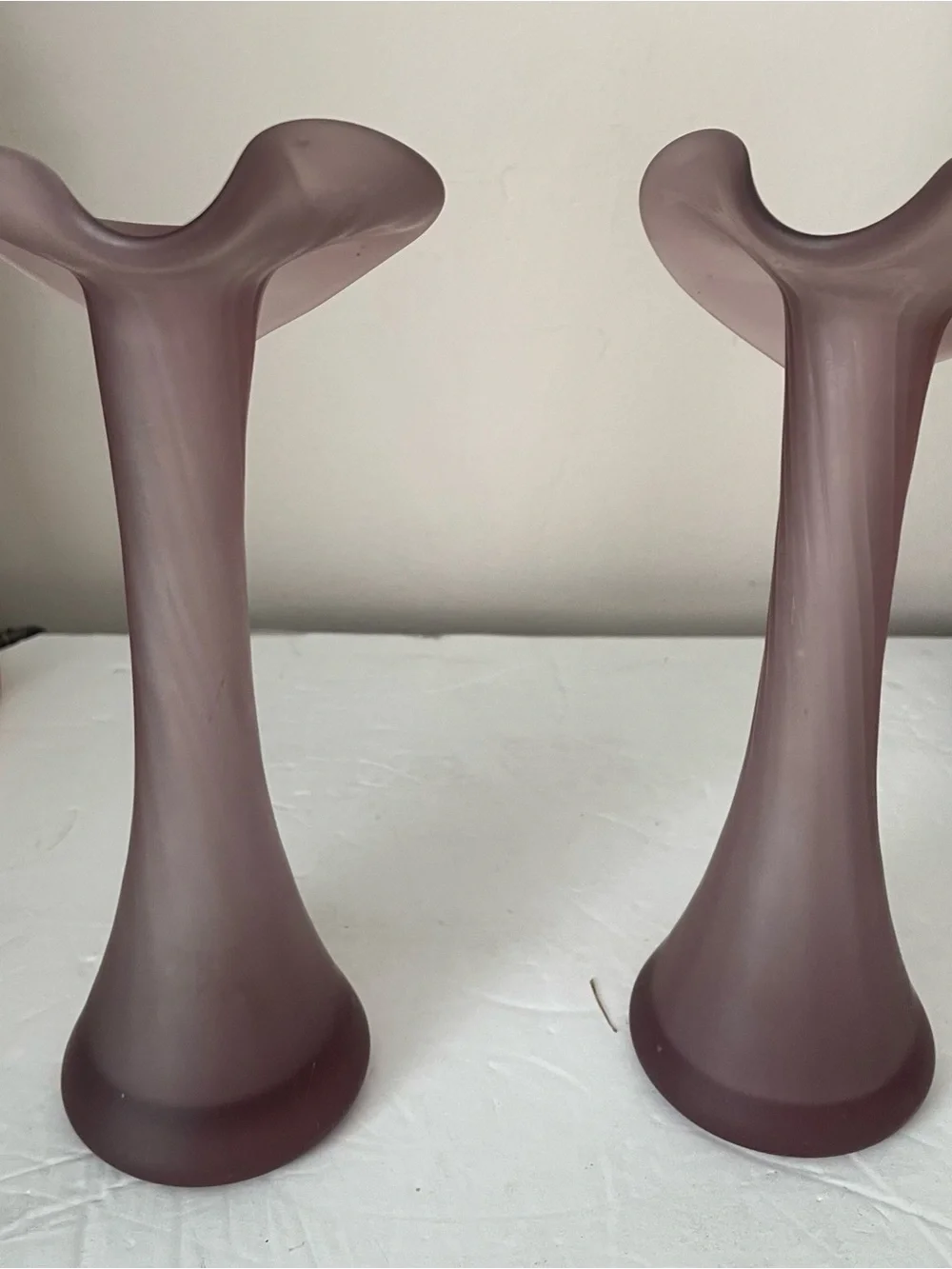 Purple Frosted Glass Jack In The Pulpit Vases Pair Ribbed Candlesticks
